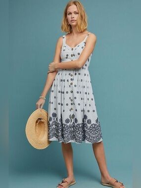 Anthropologie Maeve Savoy Button Front Dress Embroidered Stripe Sundress Size 6